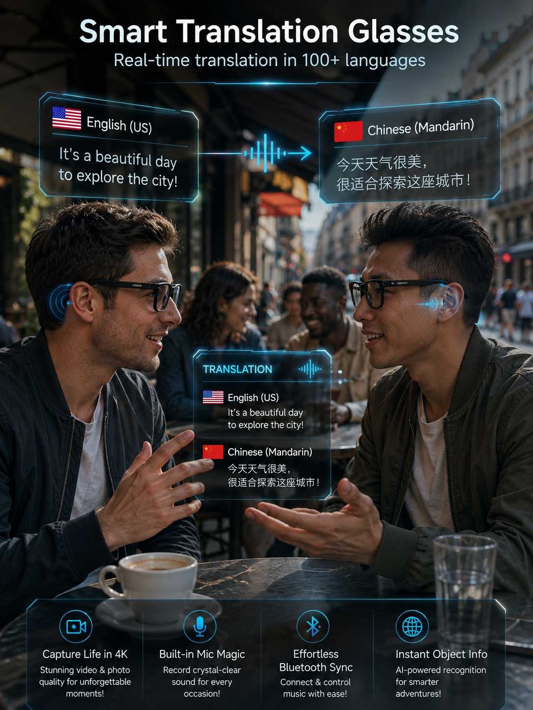 AI Translation Smart Glasses with Bluetooth calling and UV protection — built for travel, outdoor adventures, and smart connectivity.