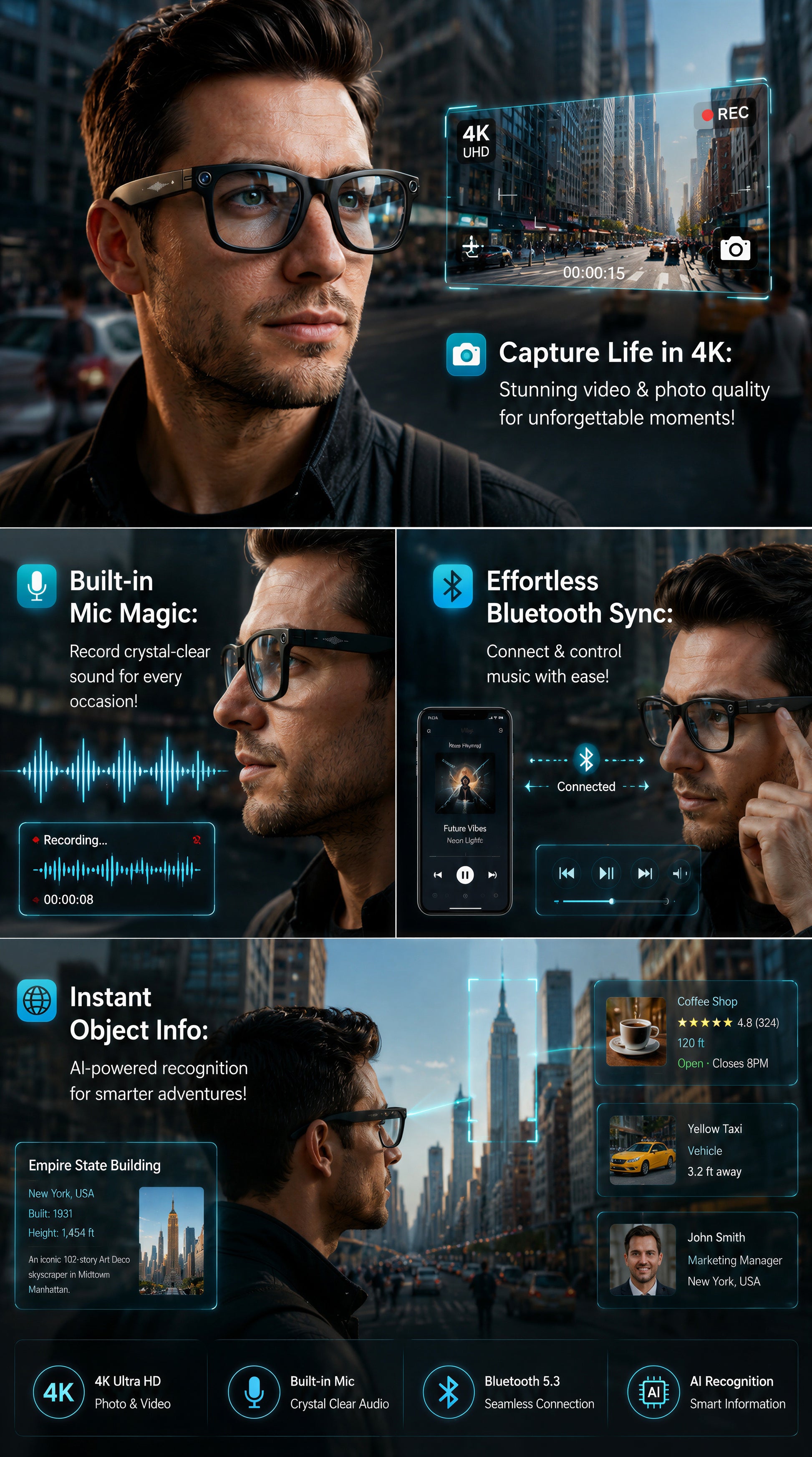 AI Smart Glasses with 4K camera, real-time translation, Bluetooth audio, and HD video recording