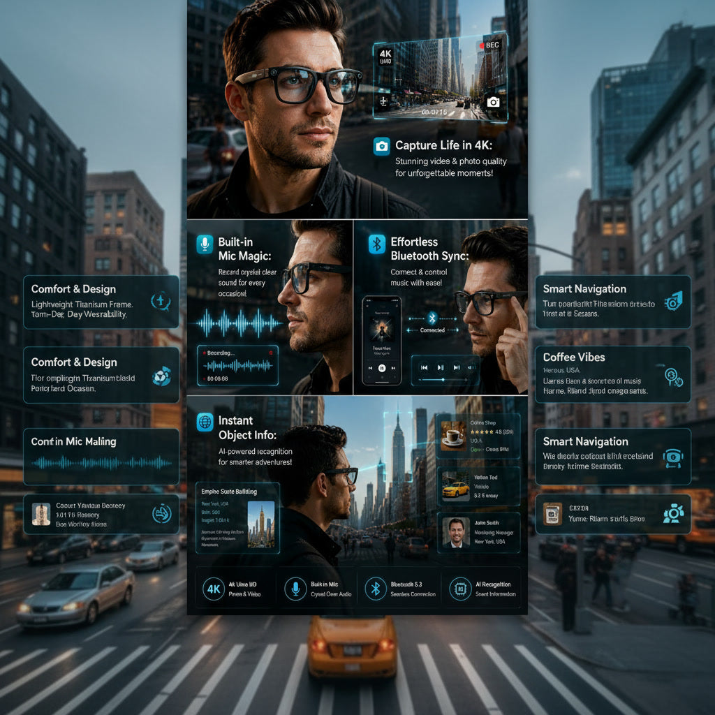 AI Smart Glasses with 4K camera, real-time translation, Bluetooth audio, and HD video recording